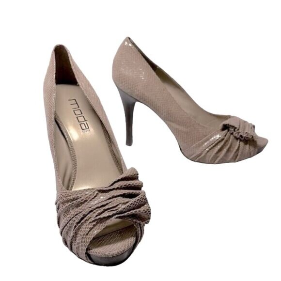 Moda Spana Snakeskin Heels Texture Gathered Fabric Top Peep Toe Rubber Size 9.5 - Picture 2 of 13